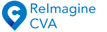 reimagine cva logo in blue text with a location marker with a c in the middle